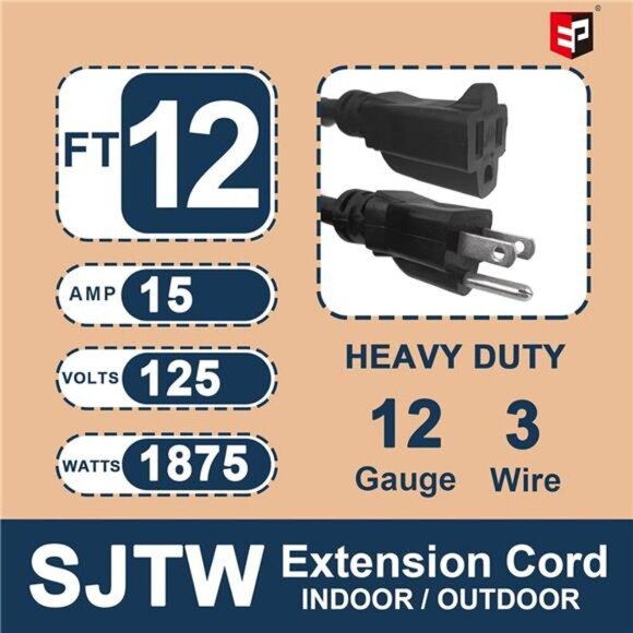 12 Ft Outdoor Extension Cord - 12/3 SJTW Heavy Duty Black Extension Cable - Picture 2 of 8